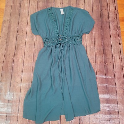 #ad Time and Tru Womens Coverup Dress Green M Short Sleeve Tie Front Open $9.00