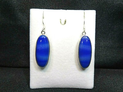 #ad Natural Blue Botswana Agate Solid Sterling Silver Hook Earrings AU $129.99