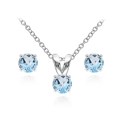 #ad 5mm Round Blue Topaz Solitaire 925 Silver Pendant Necklace amp; Stud Earrings Set $21.56