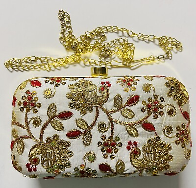 #ad BEIGE RED GOLDEN silk box CLUTCH PURSE Hard Case PARTY Evening Bag CRYSTAL USA $23.49