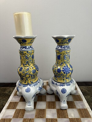 #ad Lucky Chinoiserie Elephant Yellow Blue Glazed Ceramics Candle Holder 13.5” Tall $150.00