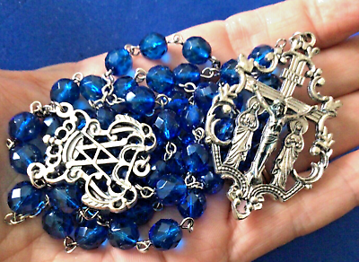 #ad Marian Rosary Two Mary’s CZECH Glass Sapphire Crystal Handmade 8mm $59.98