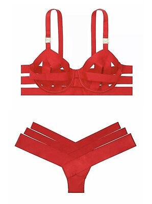 #ad Victorias Secret Sexy Banded Red Strappy Balconette Bra Set 38D amp; Panty L $99.99
