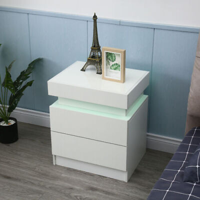 #ad Table Modern Bedroom End Table LED Nightstand High Gloss Bedside With 2 Drawers $48.88