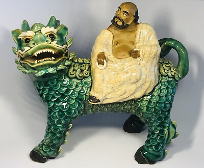#ad Antique 19th Century Chinese Glazed Pottery Shekwan Elder on Foo Dog Lion Figure $3600.00