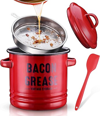 #ad Bacon Grease Container with Strainer amp; Silicone Scraper 42oz Triple Layer Enamel $18.99