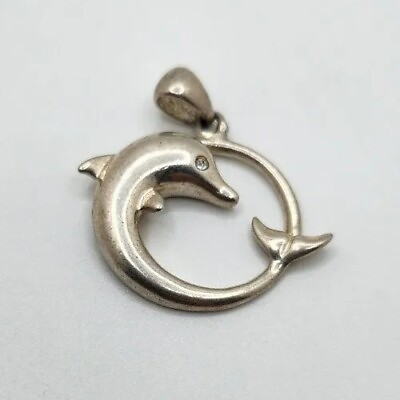 #ad 925 Sterling Silver Dolphin Pendant Smooth Shiny Leaping Round $14.00