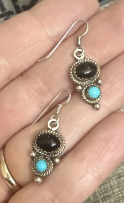 #ad AY Sterling Silver Stamp Navajo Arthur Yazzie Onyx Turquoise Drop Earrings $31.95