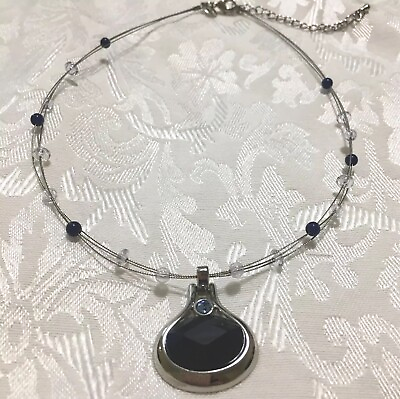 #ad Lia Sophia Blue Pendant Necklace Blue amp; Clear Beads Wire Strand $9.95