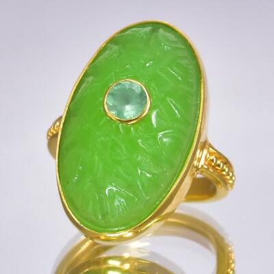 #ad Ring US size 6 Gold Vermeil Sterling Green Chalcedony Apatite Lotus 7.27 g $99.00
