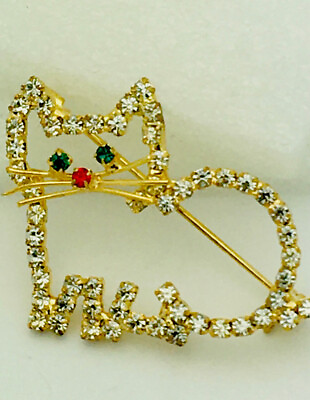 #ad Gold Crystal Cutout Cat Pin Brooch $9.99