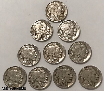 #ad Count of Ten Circulated Buffalo Nickels 1913 to 1938 Fine $16.39