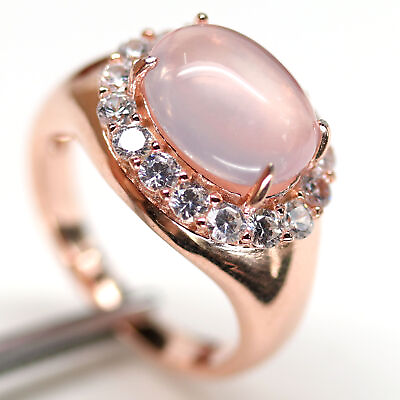 #ad 9 X 12 mm. OVAL CABOCHON PINK ROSE QUARTZ amp; WHITE cubic zirconia RING 925 SILVER $145.00