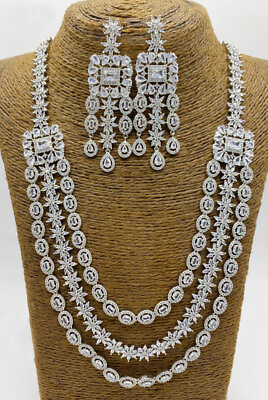 #ad Long CZ Necklace Earring Bollywood Style Indian Bridal Silver Plated Jewelry Set $289.99