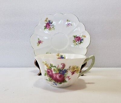 #ad Shelley Cup And Saucer Hulmes Rose 13240 Stratford Shape Green Trim Handle Rare $34.99