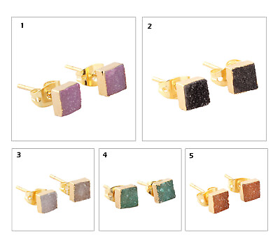 #ad 5 mm Square Shape Tiny Natural Sugar Druzy Gold Plated Push Back Stud Earrings $5.99