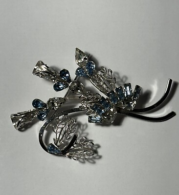 #ad STAR ART Calla Lily Bouquet Light Blue Rhinestones 3D Brooch Pin Sterling Estate $169.99