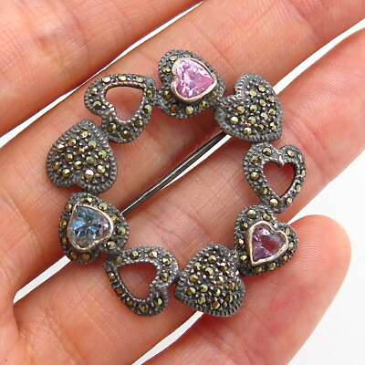 #ad 925 Sterling Silver Real Marcasite Gem amp; Multi Color C Z Heart Wreath Pin Brooch $31.99