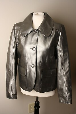 #ad Phil Luangrath NY Women#x27;s L Pewter Silver Leather Coat Jacket Button Front $140.00