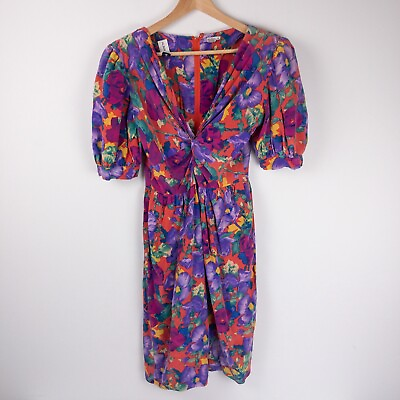 #ad Albert Nipon Dress Womens Size 12 Floral Print 100% Silk Midi Shoulder Pads Pink $64.95