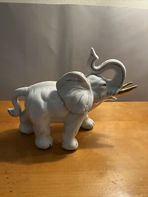 #ad Vintage Ceramic White Elephant Trunk Up Figurine Gold Details amp; Trim amp; Tusks $16.00
