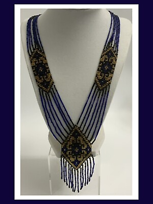 #ad Beaded Fringe Necklace Blue amp; Gold Color Multi Strand Fringe Handcrafted $13.99
