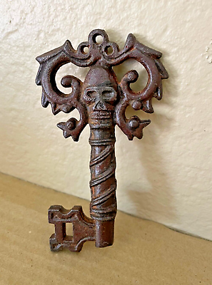 #ad Midieval Skeleton Pirate Key with Skull in Cast Iron 4.25quot; Tall Antique Finish $16.25