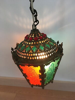 #ad Vtg MCM Brass Regency Moroccan hanging Lamp Fixture Multi color Panel Lantern $425.00