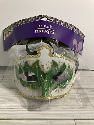 #ad New Mardi Gras Mask with ribbon tie White Green Pretty Party Throws Parade $8.00