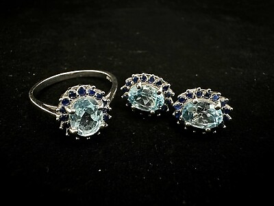 #ad Blue Topaz of Brazil 8x6mm Sapphire 1.5mm Ring Earring sets 925 sterling silver $44.00