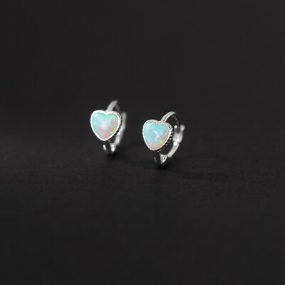 #ad Solid 925 Sterling Silver 10mm Hoop Sleeper Earrings with Opal Heart $16.73