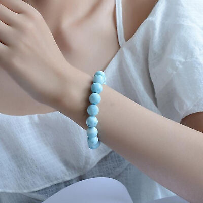 #ad 10mm Natural Blue Larimar Gemstone Round Beads Water Pattern Bracelet 7.5 quot; $9.96