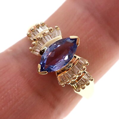 #ad 14k Solid Yellow Gold Natural Marquise Purple Tanzanite Diamond Ring Size 7 $516.75