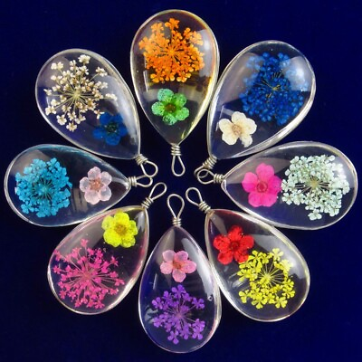 #ad 8Pcs Multicolor Delicate Crystal Glass Dried Flower Teardrop Pendant Bead $12.44