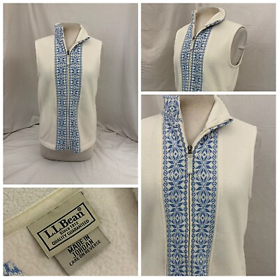 #ad L.L. Bean Vest Jacket M White Blue Snowflake Fleece Full Zip Mint YGI R1 110 $17.49