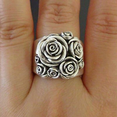 #ad Women Vintage Silver Handmade Carved Rose Flower Ring Bride Wedding Jewelry $6.39