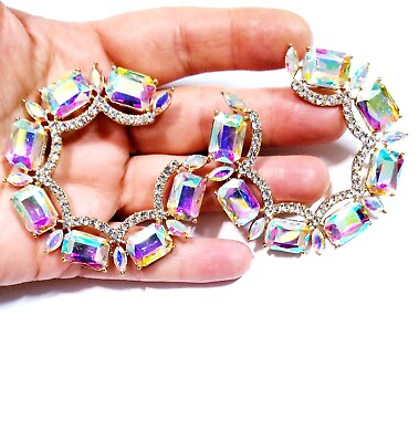 #ad Chandelier Rhinestone Crystal Pageant Bridal Earrings AB Hoops Dangle 2.5 inch $37.99