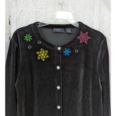 #ad Onque Casuals Vintage 90s Black Velvet Snowflake Embroidered Cardigan Size Med $25.00