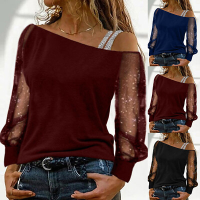 #ad Sexy Ladies Womens Winter Inner Cold Shoulder Mesh Sequin T shirts Blouse Top US $15.59