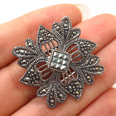 #ad 925 Sterling Silver Real Marcasite Gem Art Deco Style Pin Brooch $29.99