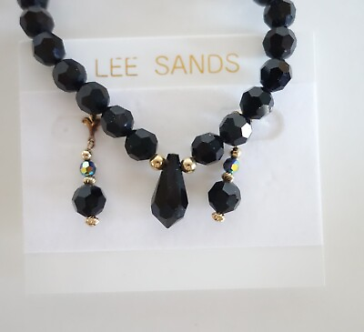 #ad Lee Sands Black Beaded Necklace amp; Pierced Earrings Set NIP New Gold Tone Faceted $17.95
