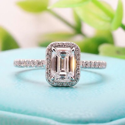 #ad Emerald Cut 2 CT Halo Moissanite Engagement Ring Solid 14K White Gold 4 Gift $223.60