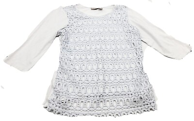 #ad Chico#x27;s Shirt Womens Size 0White Crochet Lace 3 4 Sleeve Top $13.29
