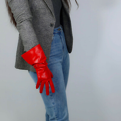 #ad REAL LEATHER TECH LONG GLOVES Unisex Red 38cm Wide Balloon Puff Sleeves Large $24.99