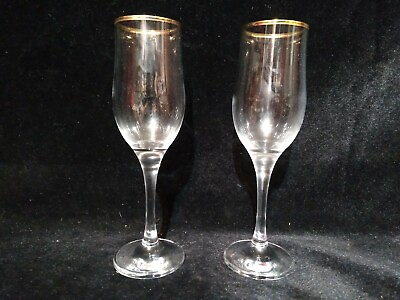 #ad 2 Gold trim champagne flutes plain stem blown glass 8oz 8quot; tall round bowl $11.89
