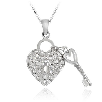 #ad 925 Sterling Silver CZ Heart amp; Key Necklace $25.99