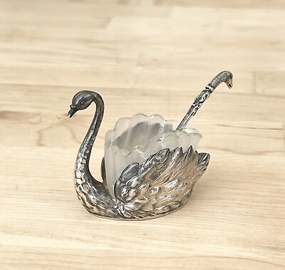 #ad Antique Sterling Glass Swan Open Salt Cellar Salt Spoon $64.99