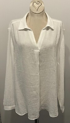 #ad Size 2 Large Chicos White Gauze Pullover Long Sleeve Front Pleat Vneck Top $34.99