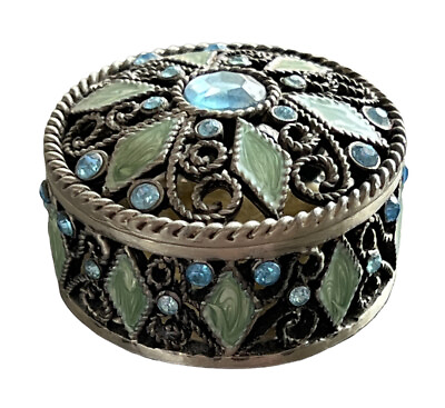 #ad Round Jewelry Trinket Box Silver Tone . Heavy Open Mesh Stone Green amp; Blue $15.99