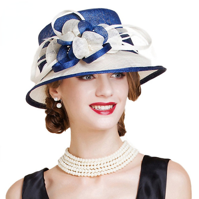 #ad British Blue White Wedding Hat Elegant Church Flower Wide Brim Linen Fashion Hat $78.23